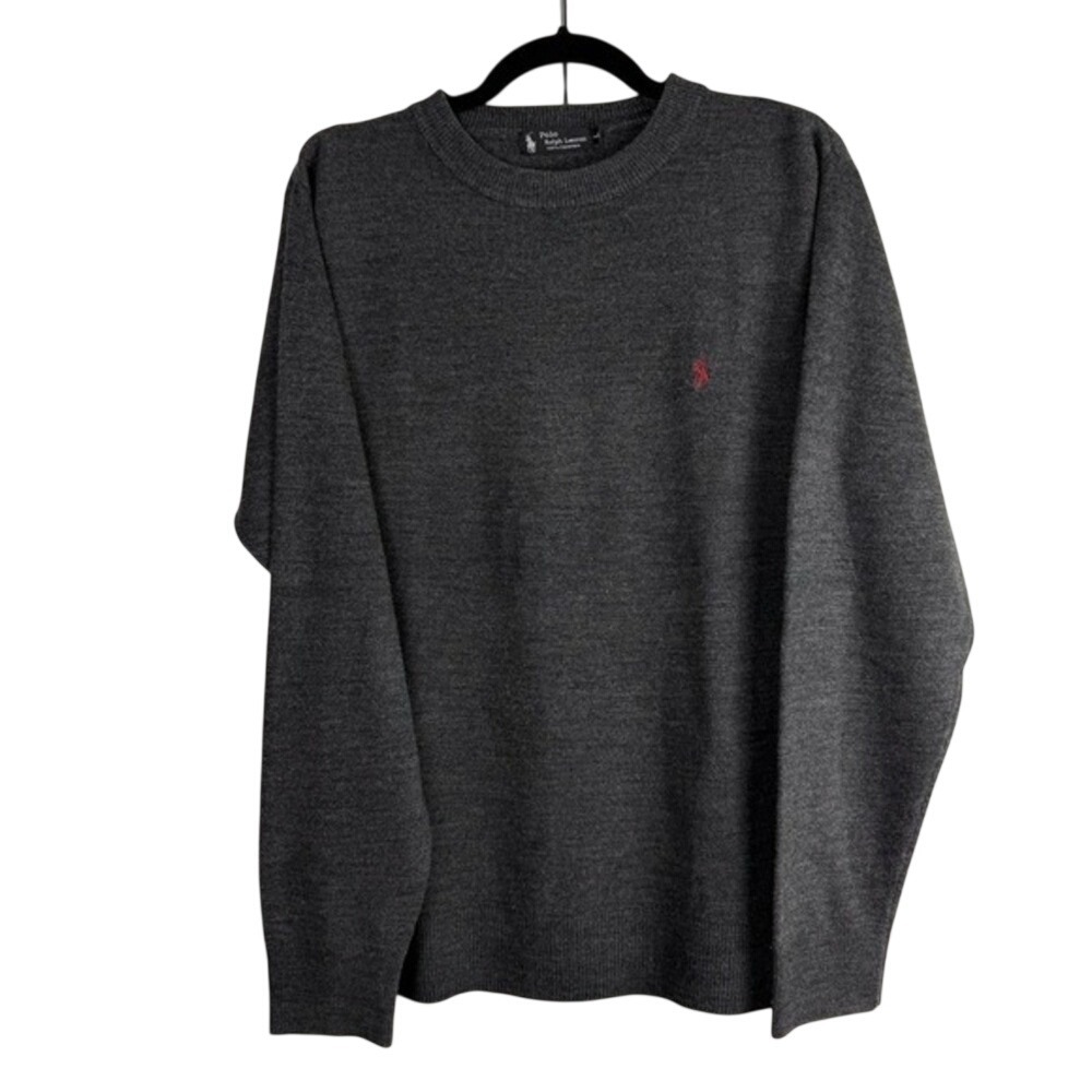 Polo Ralph Lauren Charcoal Grey 100% Cashmere Sweater‎ Red Pony Large Old Money